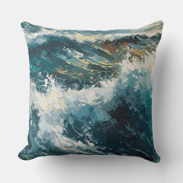 Breaking Beach Waves  Painting Throw Pillow (Front)