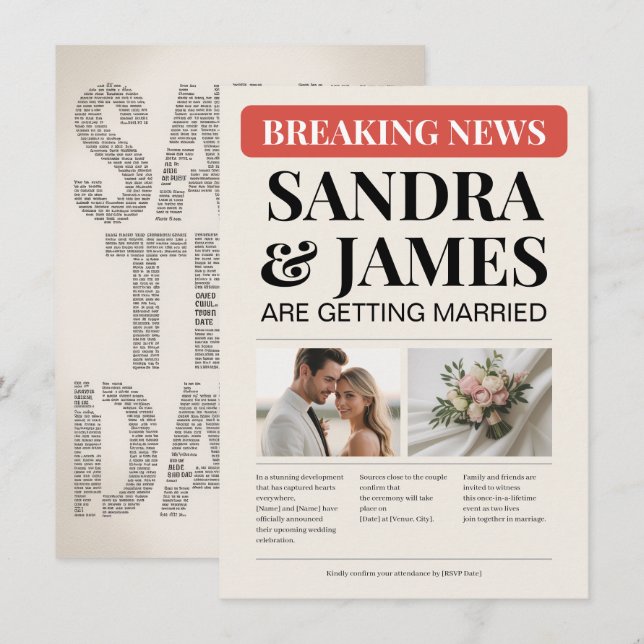 Breaking News Creative Wedding Save The Date Card (Front/Back)