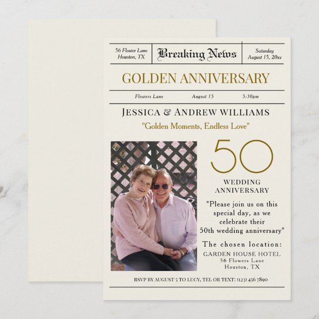 "Breaking News" Golden Wedding Anniversary Photo Invitation (Front/Back)