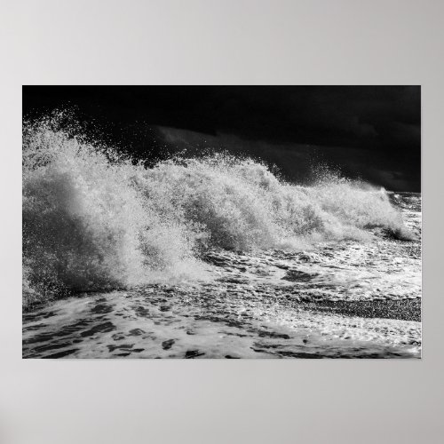 Breaking Wave Hitting Shore Black and White Poster