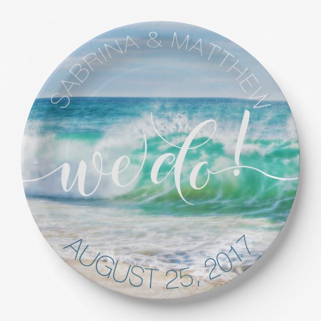 Breaking Waves WE DO Beach Wedding Plates (Front)