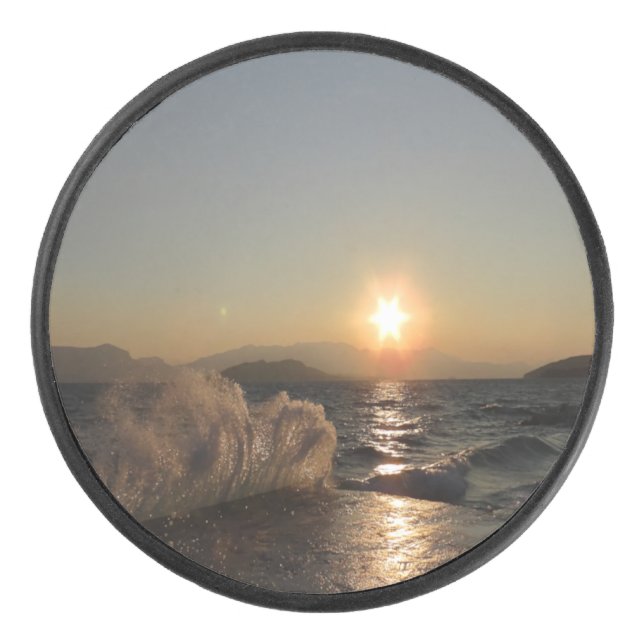 Breakwater Sunset in Croatia – Adriatic Bura Waves Hockey Puck (Front)