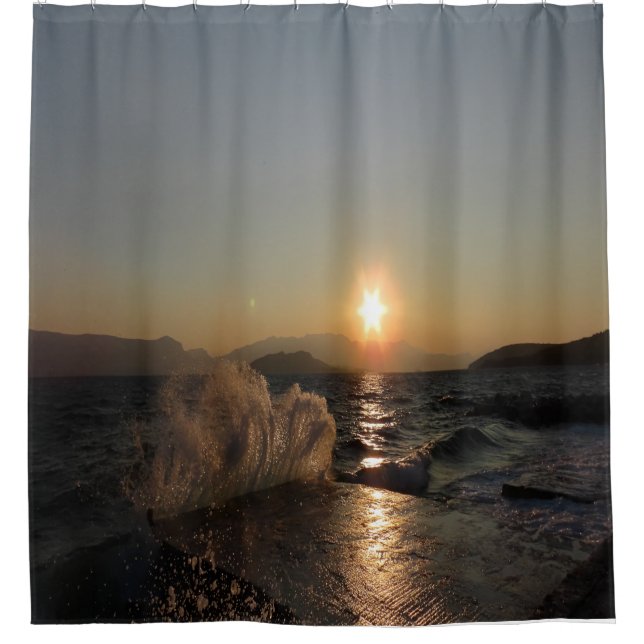 Breakwater Sunset in Croatia – Adriatic Bura Waves Shower Curtain (Front)
