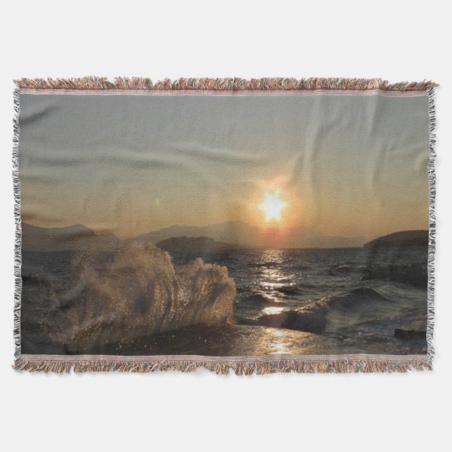 Breakwater Sunset in Croatia – Adriatic Bura Waves Throw Blanket (Front)