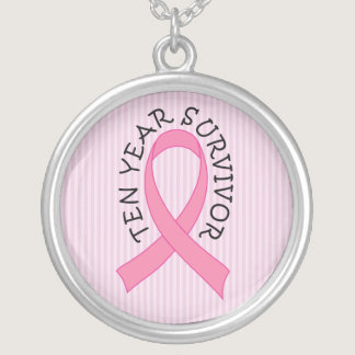 Breast Cancer 10 Year Survivor Pink Ribbon Gift Silver Plated Necklace
