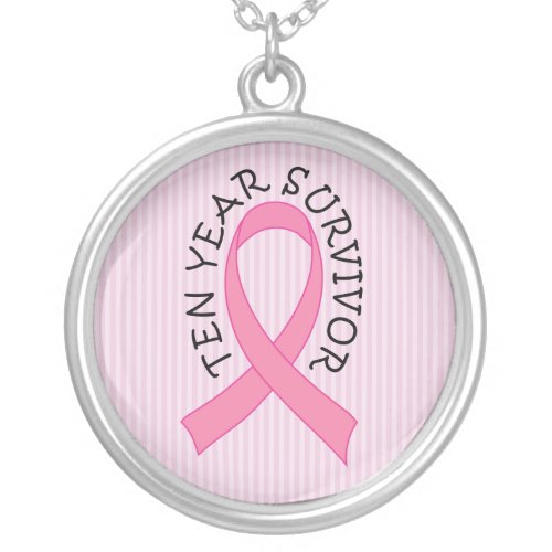 Breast Cancer 10 Year Survivor Pink Ribbon Gift Silver Plated Necklace
