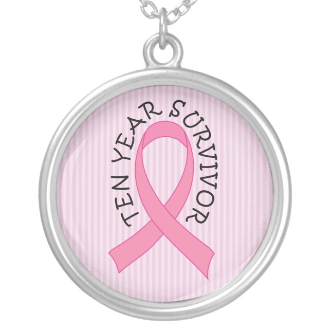 Breast Cancer 10 Year Survivor Pink Ribbon Gift Silver Plated Necklace (Front)