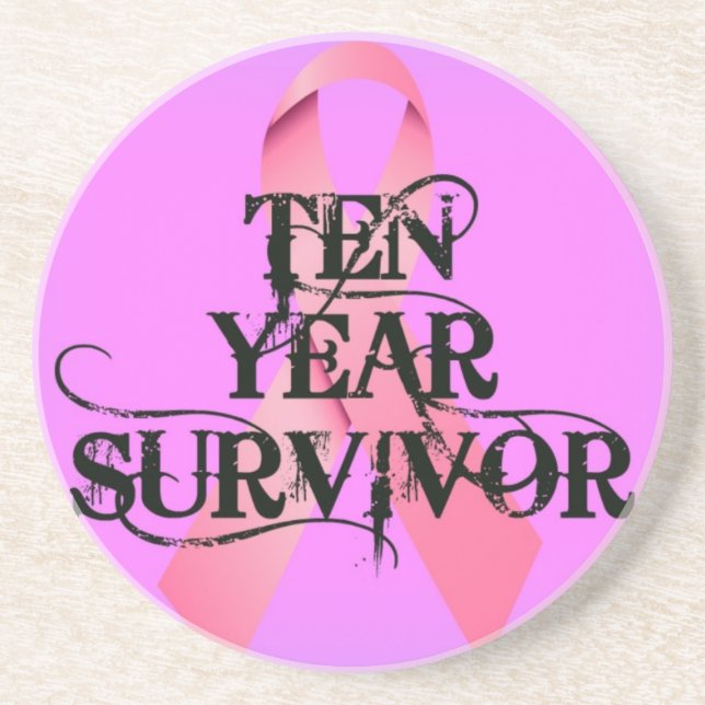 Breast Cancer 10 Year Survivor Ribbon Sandstone Coaster (Front)