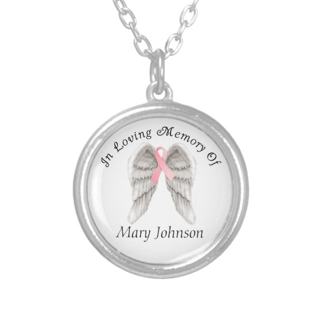 Breast Cancer Angel Wings Memory Silver Plated Necklace (Front)
