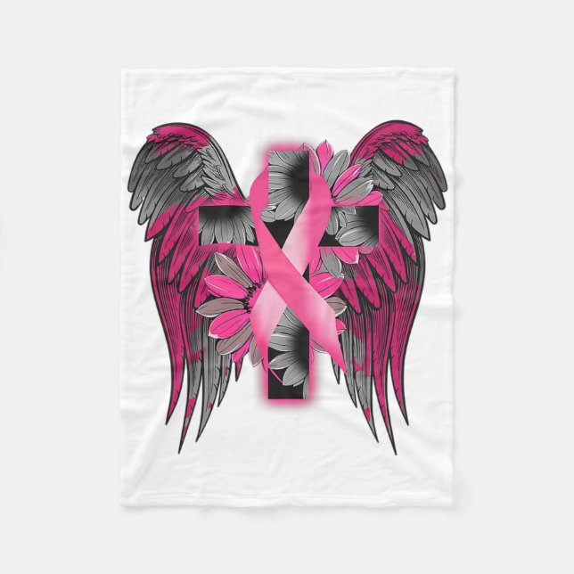 Breast Cancer Awareness Angel Wing Flower Cross Pi Fleece Blanket (Front)