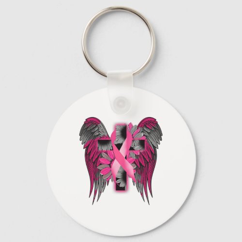 Breast Cancer Awareness Angel Wing Flower Cross Pi Keychain