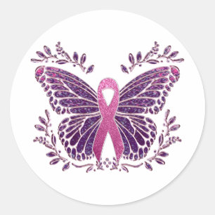 Breast Cancer Awareness Butterfly Floral Border Classic Round Sticker