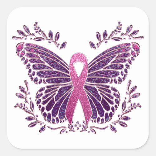 Breast Cancer Awareness Butterfly Floral Border Square Sticker
