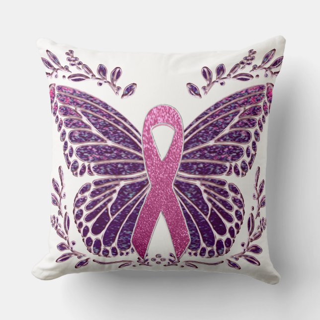 Breast Cancer Awareness Butterfly Floral Border Throw Pillow (Front)