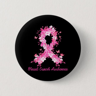 Breast Cancer Awareness Butterfly Floral Pink Button