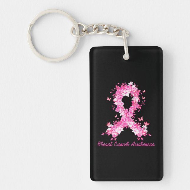 Breast Cancer Awareness Butterfly Floral Pink Keychain (Front)
