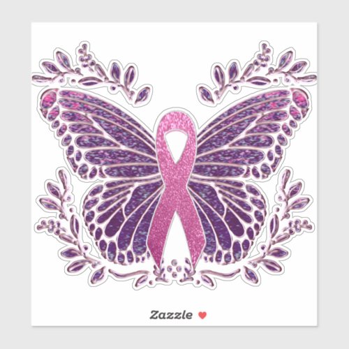 Breast Cancer Awareness Butterfly With Floral Bord Sticker