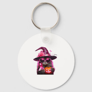 Breast Cancer Awareness Cat Halloween Pink Ribbon Keychain