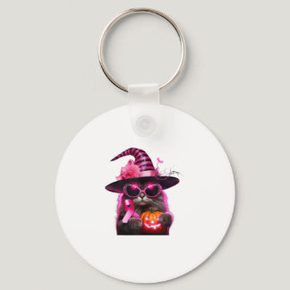 Breast Cancer Awareness Cat Halloween Pink Ribbon  Keychain