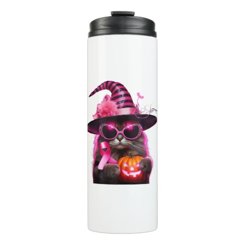 Breast Cancer Awareness Cat Halloween Pink Ribbon  Thermal Tumbler