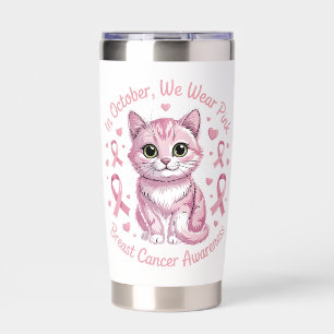 Breast Cancer Awareness Cat in October We Wear Insulated Tumbler