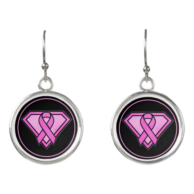 Breast Cancer Awareness Diamond Logo Black Earrings (Front)