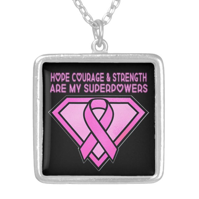 Breast Cancer Awareness Diamond Logo Black Silver Plated Necklace (Front)