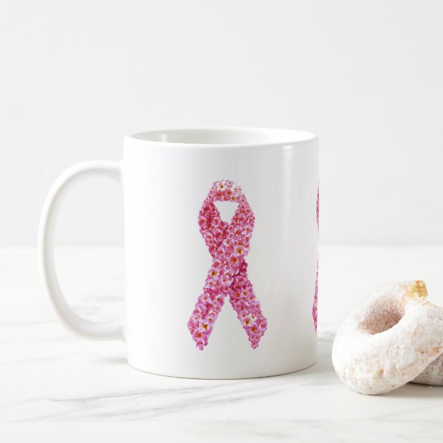 Breast Cancer Awareness Floral Pink Ribbon Mug (With Donut)