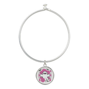 Breast Cancer Awareness Ghost with Pink Flowers Bangle Bracelet