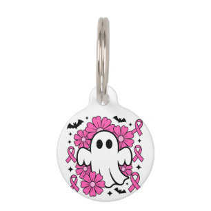 Breast Cancer Awareness Ghost with Pink Flowers Pet ID Tag