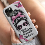 Breast Cancer Awareness Hope Strength Courage iPhone 15 Case<br><div class="desc">Show your support and raise awareness with this stylish and empowering breast cancer awareness phone case. Featuring a chic illustration of a woman wearing a pink ribbon-adorned bow and sunglasses, the words "Hope, Strength, Courage" are front and center, symbolizing the fight and resilience of breast cancer warriors. Delicately designed with...</div>