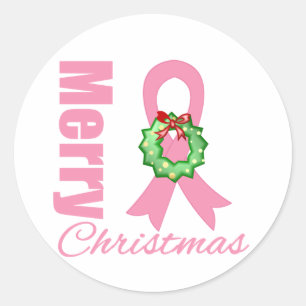 Breast Cancer Awareness Merry Christmas Ribbon Classic Round Sticker