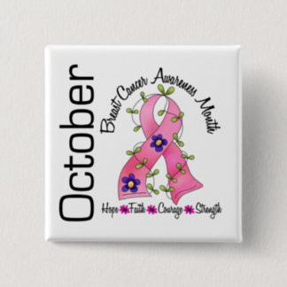 Breast Cancer Awareness Month Flower Ribbon 1 Button