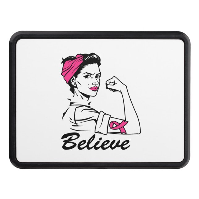 Breast Cancer Awareness Month Women's Believe Pink Hitch Cover (Front)