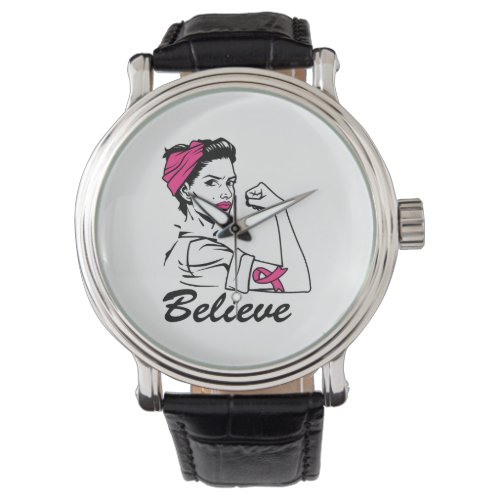 Breast Cancer Awareness Month Womens Believe Pink Watch