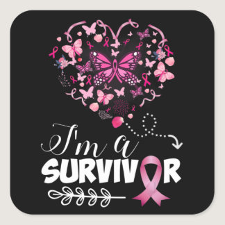 Breast Cancer Awareness Pink Butterfly Heart I'm A Square Sticker