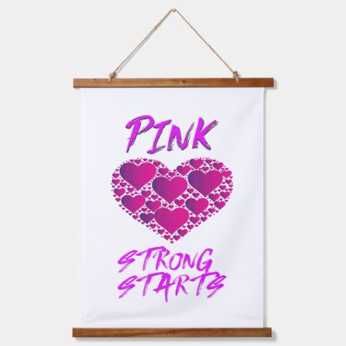 Breast Cancer Awareness Pink Hearts Strong Start Hanging Tapestry