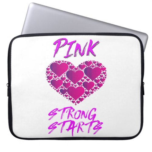 Breast Cancer Awareness Pink Hearts Strong Start Laptop Sleeve