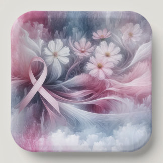 Breast Cancer Awareness Pink Ribbon Abstract Paper Plates