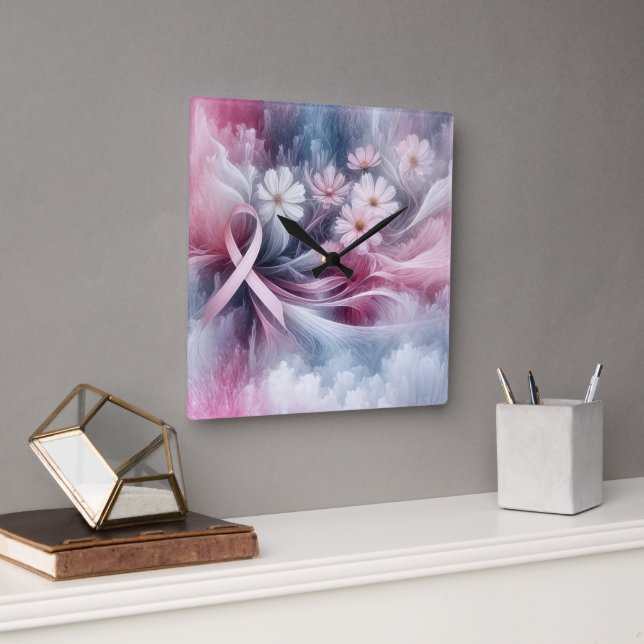 Breast Cancer Awareness Pink Ribbon Abstract Square Wall Clock (Office)