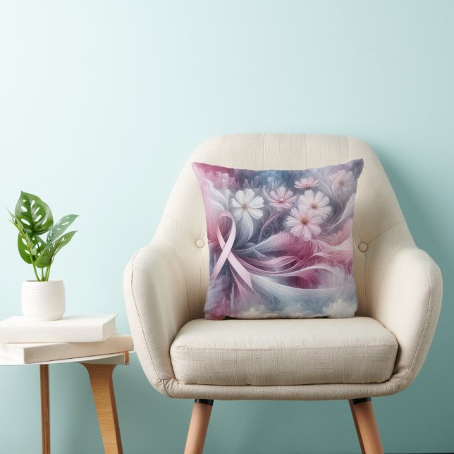 Breast Cancer Awareness Pink Ribbon Abstract Throw Pillow (Chair)