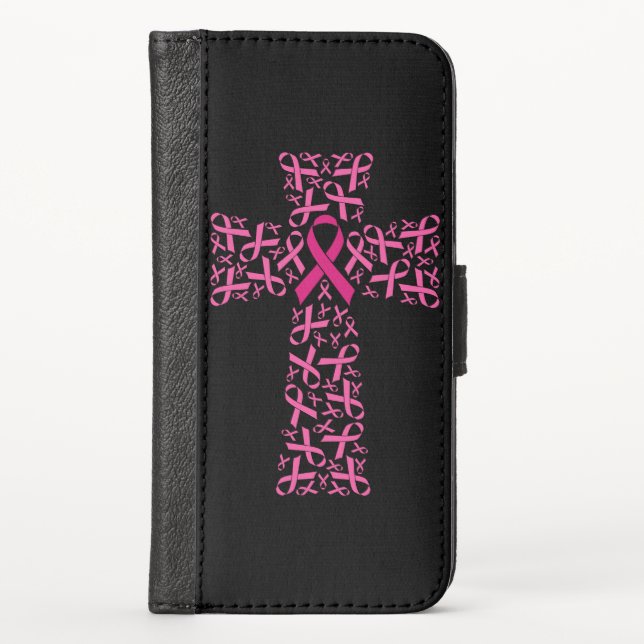 Breast Cancer Awareness Pink Ribbon Cross  iPhone Wallet Case (Front)