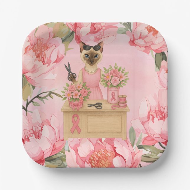 Breast Cancer Awareness Pink ribbon florist themed Paper Plates (Front)