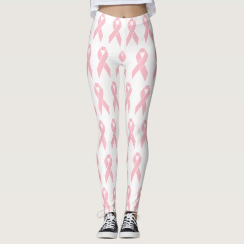 Breast Cancer Awareness Pink Ribbon Pattern White Leggings