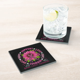 Breast Cancer Awareness Pink Ribbon Sunflower Hope Glass Coaster