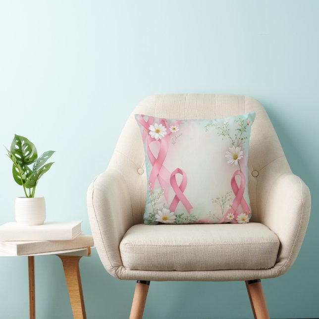 Breast Cancer Awareness Pink Ribbons and Daisies Throw Pillow (Chair)