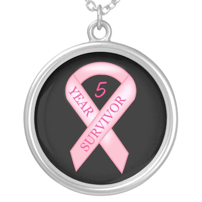 Breast Cancer Awareness - Pink Survivor Ribbon Silver Plated Necklace (Front)