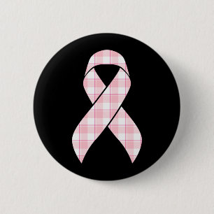 Breast Cancer Awareness Plaid Pink Ribbon Button