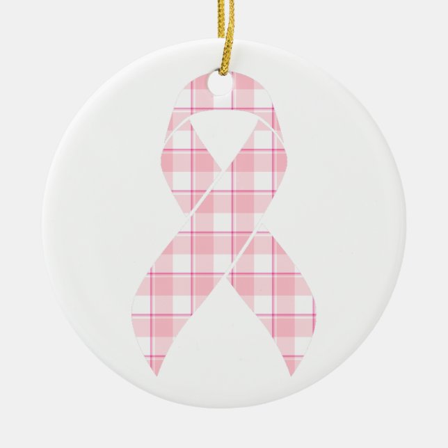 Breast Cancer Awareness Plaid Pink Ribbon Ceramic Ornament (Front)
