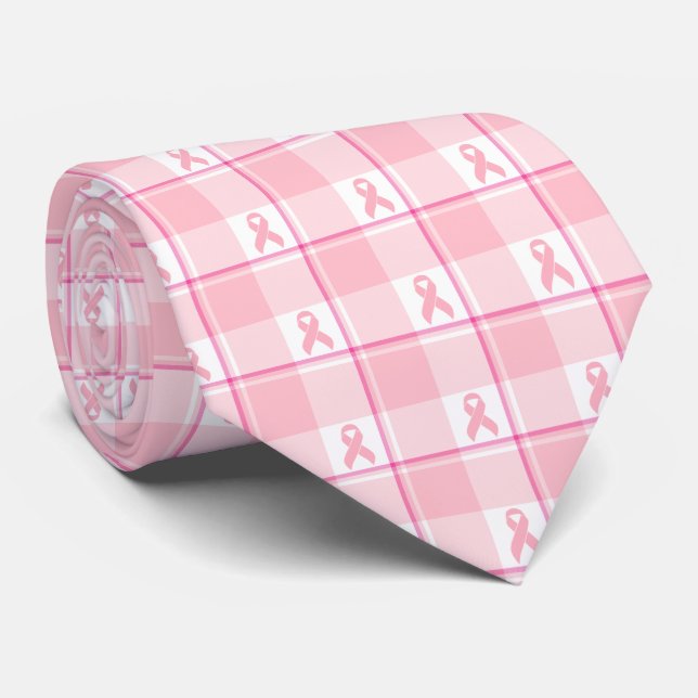 Breast Cancer Awareness Plaid Pink Ribbon Neck Tie (Rolled)